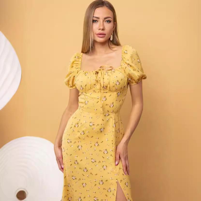 Women's Summer Floral Puff Sleeve Halter Dress with Square Neck