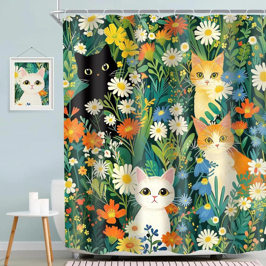 Blooming Cat Shower Curtain-Cute Kitten On Vibrant Floral Background, Cheerful Bathroom Decorative Shower Curtain
