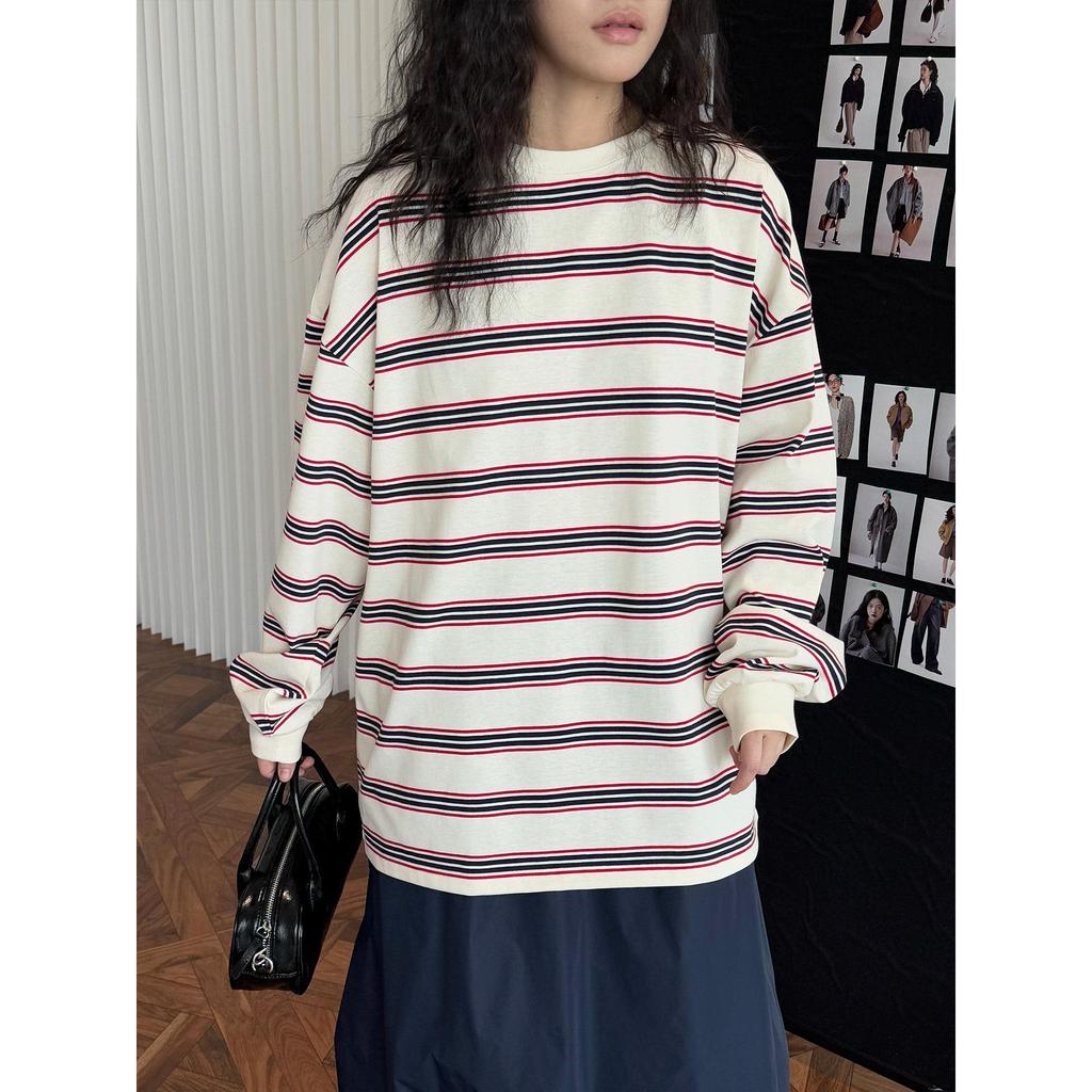 Tricou cu dungi retro coreean Louvre - Top casual de primăvară pentru femei