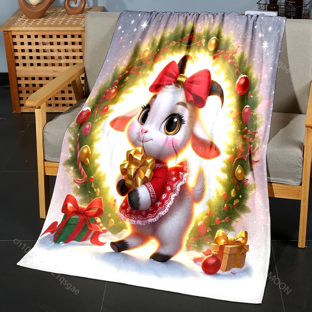 Festive Goat with Christmas Wreath Pattern Blanket Flannel Material Soft Warm for All Seasons, Home Outdoor Camping Picnics RV