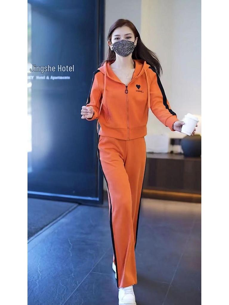 Damski wiosenny zestaw dwuczęściowy bluza z kapturem i spodnie z szerokimi nogawkami do biegania