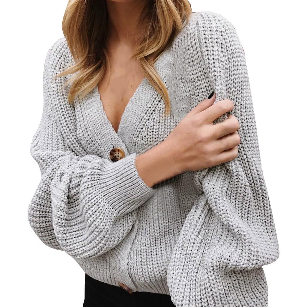 Women V Neck Button Down Long Sleeve Cable Knit Cardigan Sweaters Outerwear Tops