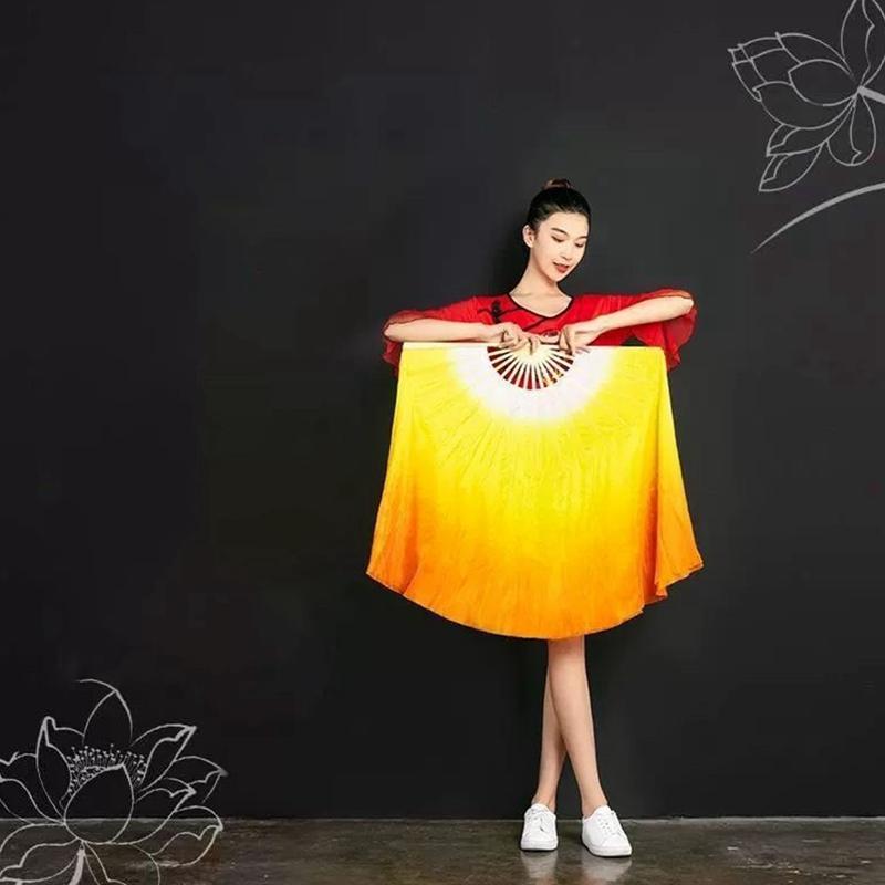 1Pc Professional 100% Real Silk Fan Veil Chinese Folk Art Silk Fan Belly Dance Props Fans Gradient White/Yellow/Orange