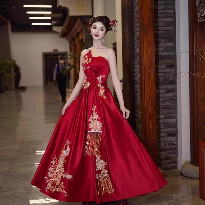 

New Chinese Style Wedding Dress Red Wine Color Heavy Work Bridesmaid Gown with Strap Vintage Style Long Evening Gown Xxl
