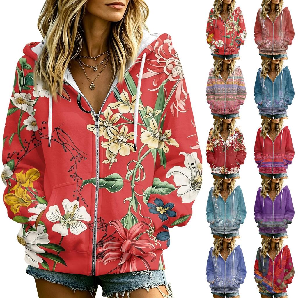 Women's Casual Floral Print Long Sleeve Hooded Jacket with Pockets and