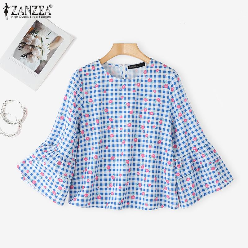ZANZEA Women Floral Print Casual Round Neck 3/4 Sleeve Loose Plaid Blouse