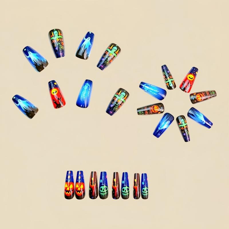 24PCS Halloween Press-On nail with Pumpkin Design Detachable Reusable Nail Art for Costume Parties