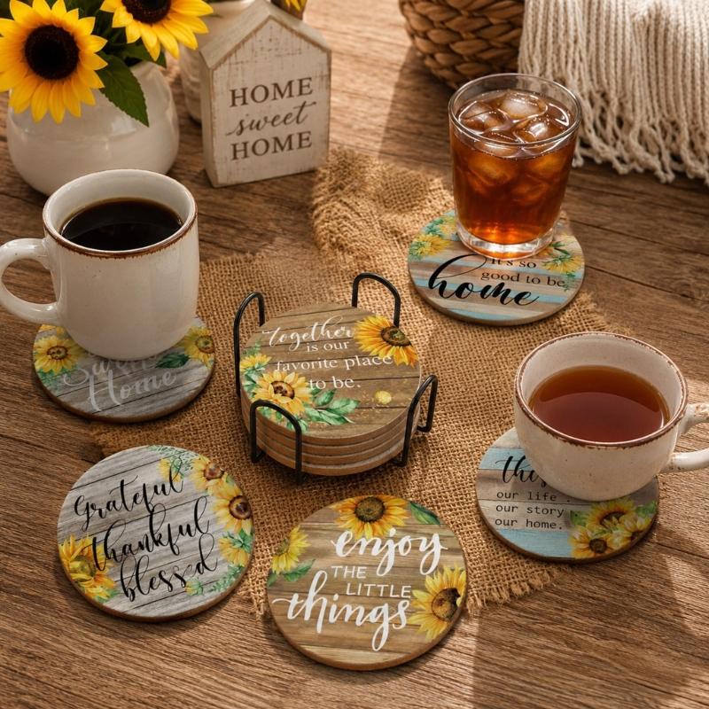 Round Cup Guard Set with Rack, 6 Piece Guard Set for Glasses and Cups, Styled Accent for Dining Tables and Coffee