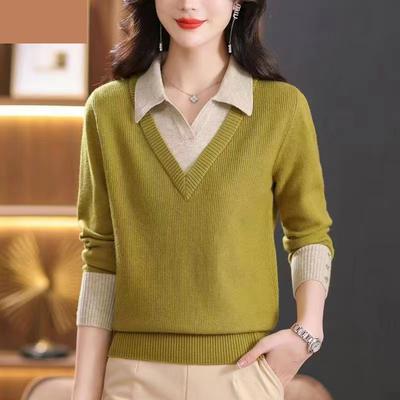 Fake Two Piece Knitted Sweater Women 2025 New Autumn  Long Sleeved Lapel Slim Pullover Sweater Female Bottoming Shirt  Jumper