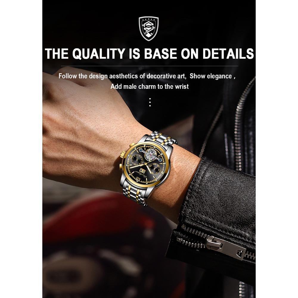 POEDAGAR Automatic Mechanical Watch Men Tourbillon Skeleton Wristwatch Calendar Week Display Leather Strap