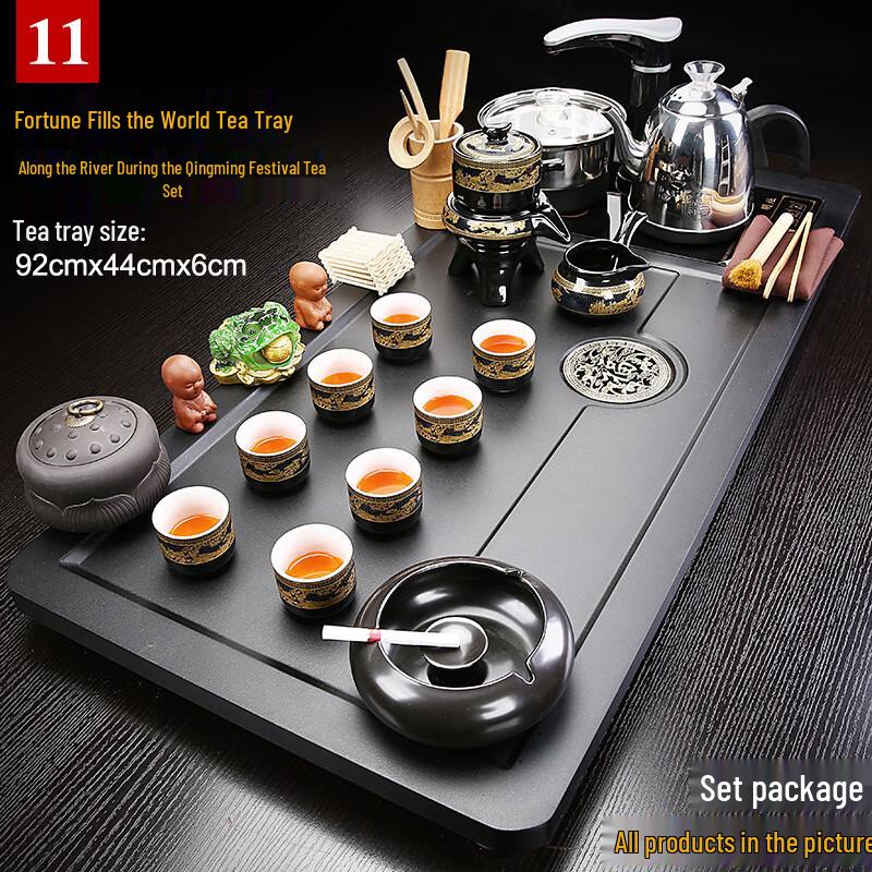 Jun Shi Qi UD Ceramic Automatic Tea Set with Tray and Kettle Fortune-filled Qingming Riverside Landscape