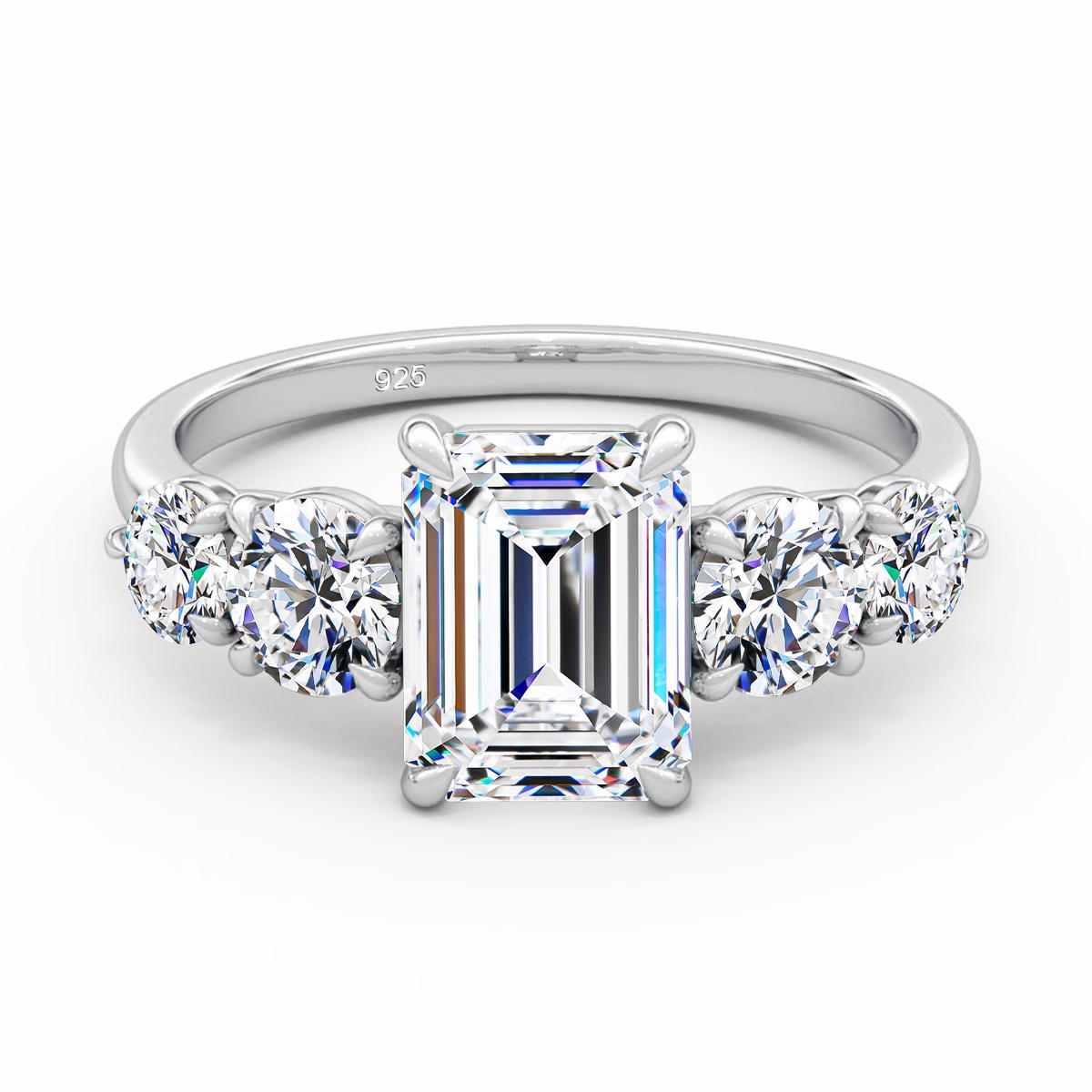 

925 Silver 2ct Emerald Cut Moissanite Rings for Women Zircon Rhinestone Finger Ring Trendy Wedding Engagement Jewelry 5&moissanite zircon