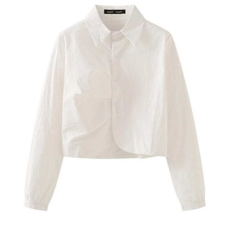 Spring Summer Women Cropped Shirt Side Twist Detail Button Down Long Sleeve Casual Chic Blouse Tops