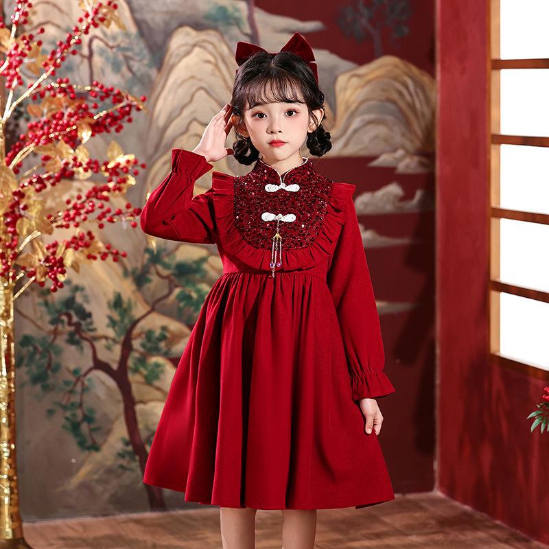 Girls' New Year Long-Sleeve Qipao: Children's Chinese-Style Autumn/Winter Dress 2026