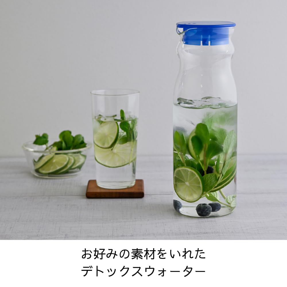 Hario Juego de 2 botellas de agua fría resistentes al calor Free Pot Mine, capacidad práctica de 1200 ml, vidrio transparente azul resistente al calor, agua hirviendo, apto para lavavajillas