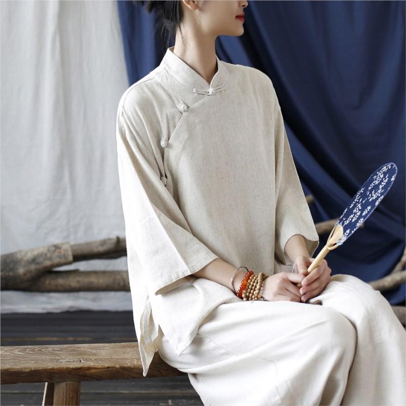 Johnature Spring Summer Women Vintage Collar Seven Point Sleeves Shirt Solid Color Shirt