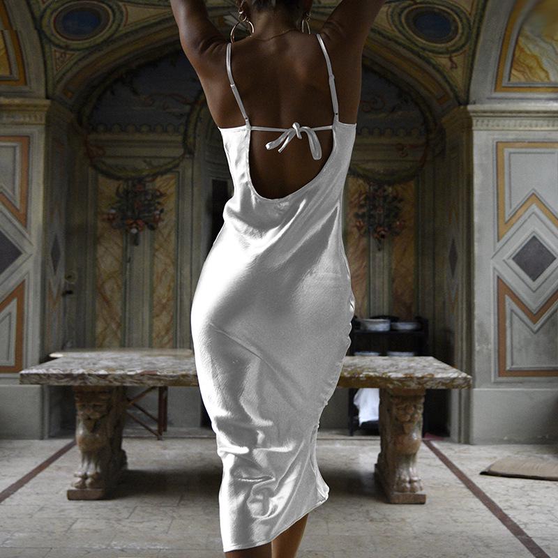 Women's Elegant Satin Slip Dress - Sexy Backless Strappy Nightclub Evening Gown