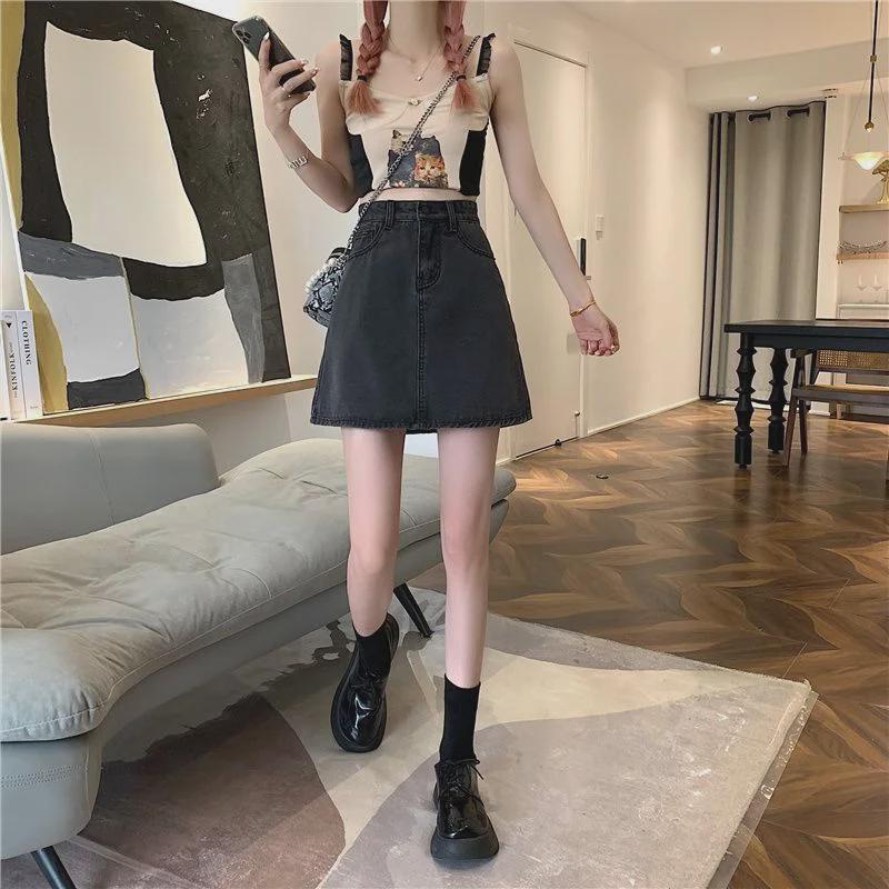 Damen Sommer 2022 High Waist A-Linie Jeansrock - Schwarz & Grau Trendy Hip Style