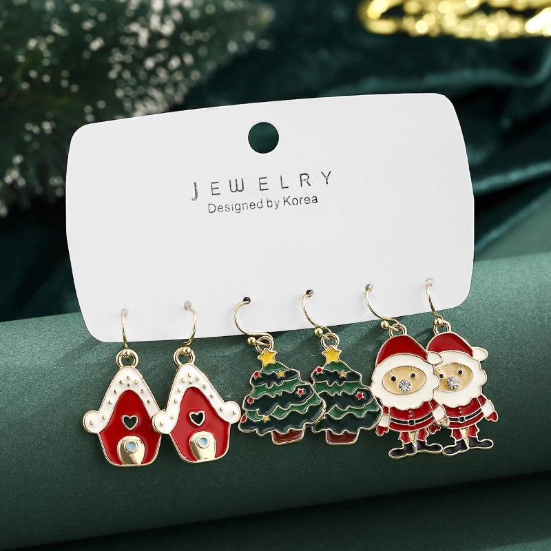 Christmas Series Snow House Christmas Tree Pair Earrings Combination Set Cartoon Oil Drip Santa