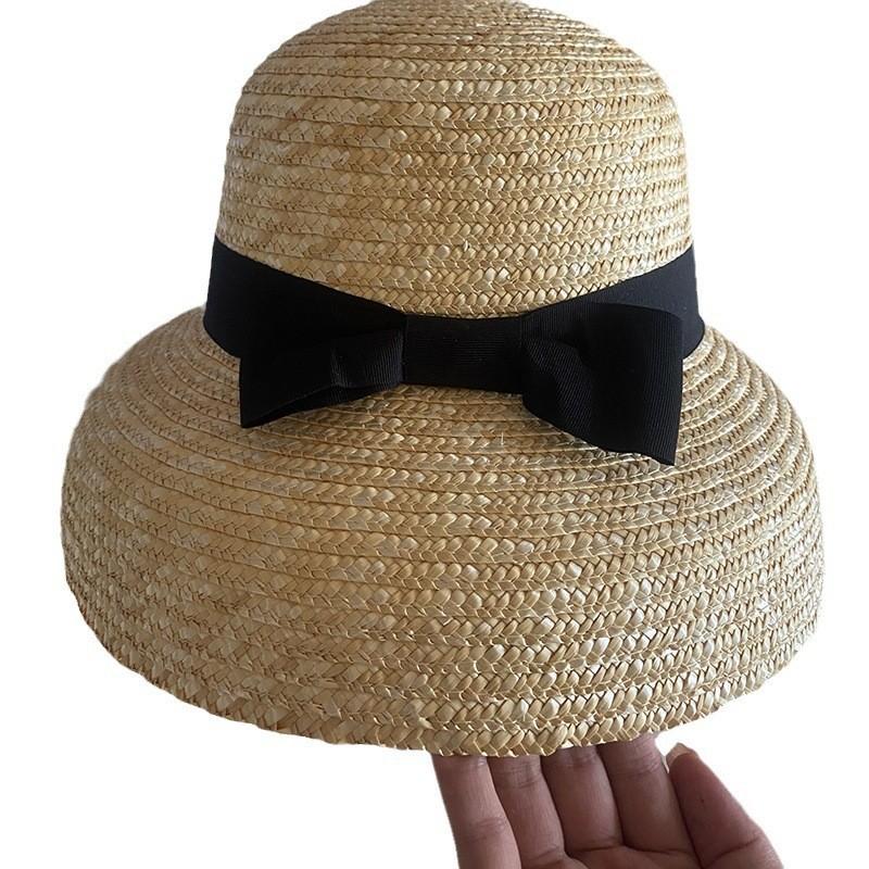 Hepburn Wind Bow Lampshade Straw Straw Straw Hat Women'S Summer French Sunscreen Face Cover Vacation Travel Sun Hat