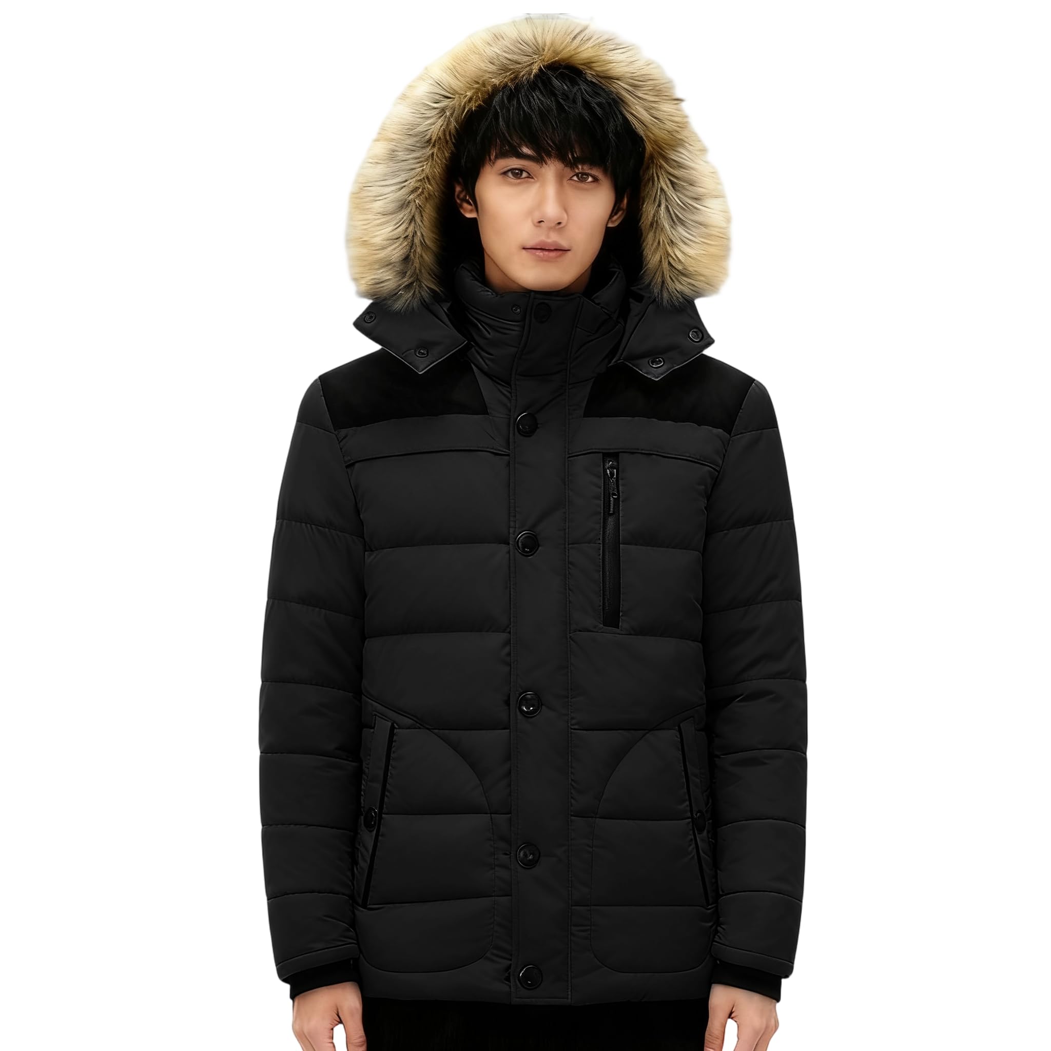 

inotenka Стеганая флисовая приталенная мужская куртка больших размеров, Ветрозащитная, Теплая, Посадка, С капюшоном, Стильная, В наличии, Зима, XS-4XL (4XL Черный) чёрный