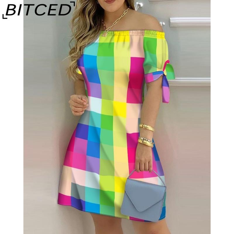 

BITCED Женское модное платье с открытыми плечами, короткие рукава, принт с бантом, летние пляжные платья больших размеров XXXL
