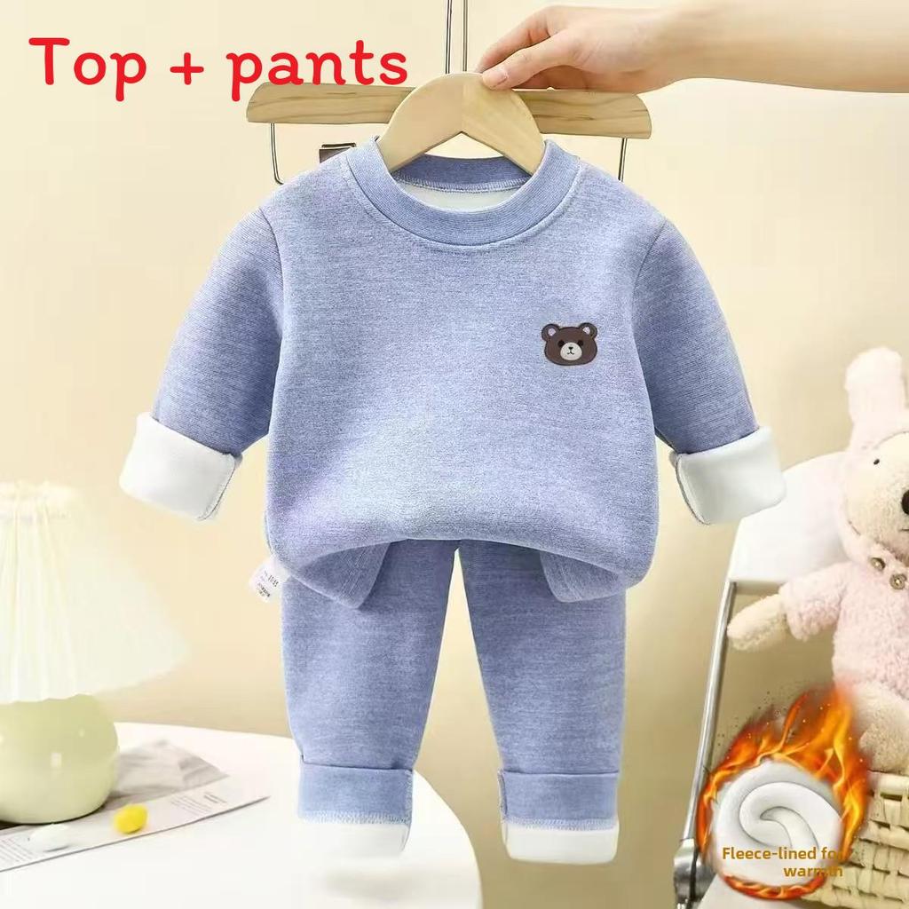 Baby Boy Girl Fleece Thermal Underwear Set With Plush Lining For Winter Warmth