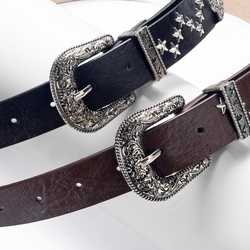 Star Rivet Pu Women'S Belt Goth Retro Versatile Jeans Accessories Girdle Hip Hop Punk Y2K Girls Pin Buckle Black Waistband