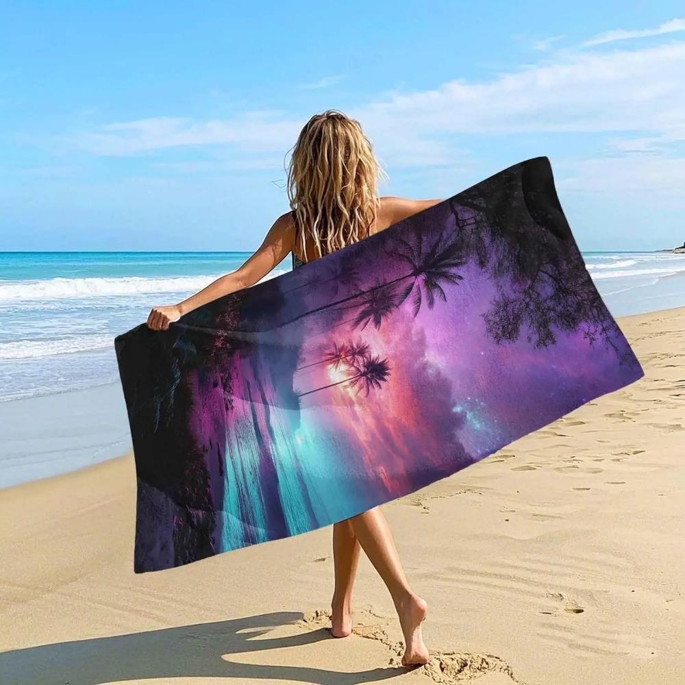 Artistic Starry Sky Palm Tree Beach Towel, Tropical Hawaiian Quick Dry Absorbent, Large Sandproof Travel Pool Camping Essentials