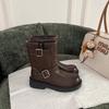 Cowhide~ Maillard Boots Retro Leather Medium Boots Women's Belt Buckle Short Boots Thick-soled Martin Boots Thin Boots