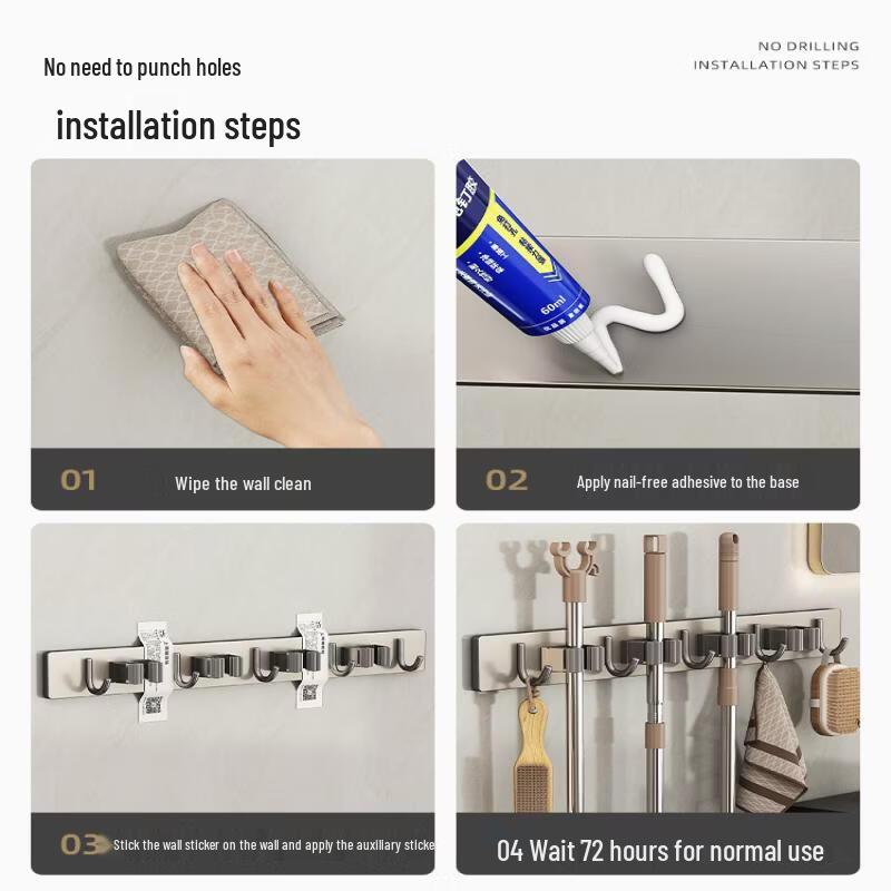 Samolepicí držák na mop a koště z nerezové oceli