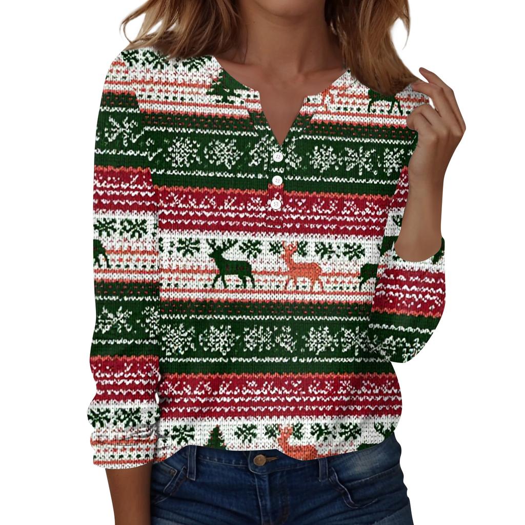 Women's Fashion Casual V-Neck Long Sleeve Decorative Button Christmas Print Top