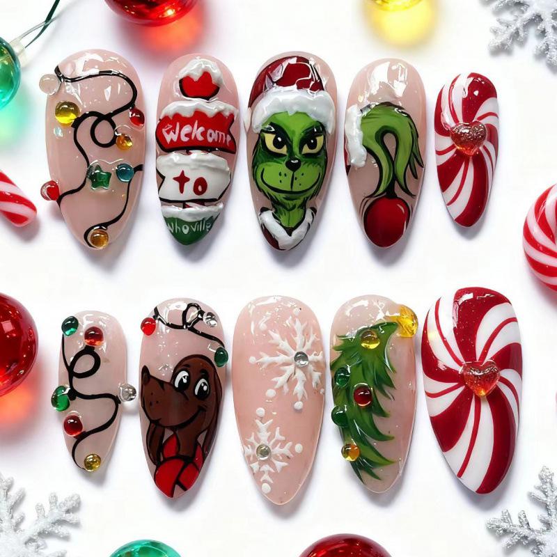 24pcs Christmas Green Monster 3D Nail Tips with Heart & Snowflake Rhinestones