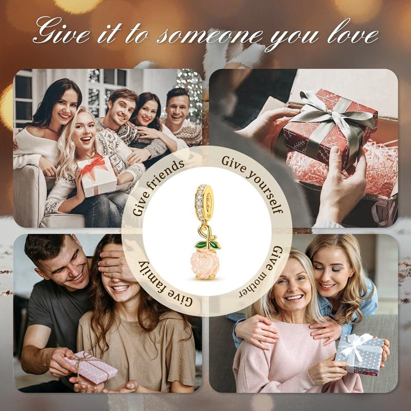 Breloques Originales en Cuivre Pendentif Rose Rose avec Perles Fleurs Lumineuses S'adapte Bracelet Accessoire Femme Bijou Cadeau DIY