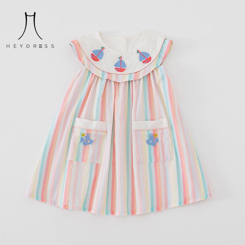 

Детская одежда, цветное полосатое парусное платье с вышивкой для девочек, летнее темно-синее платье без рукавов для малышей 140 разноцветный