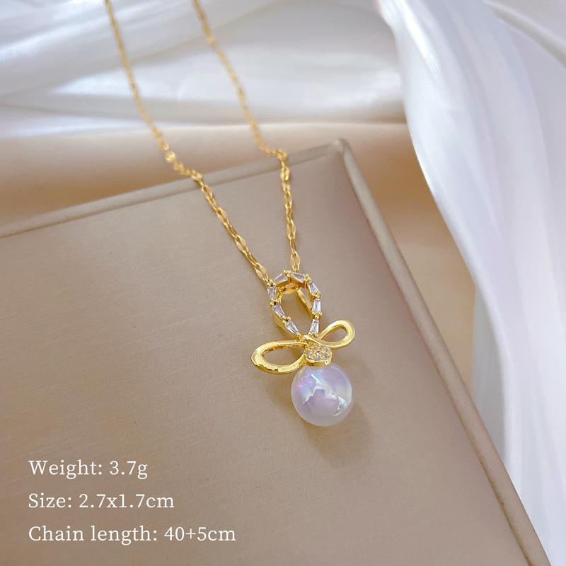 

Mermaid Ji Bow Light Luxury Temperament Gorgeous Full Diamond Necklace Female Versatile Collarbone Chain Titanium Steel Chain