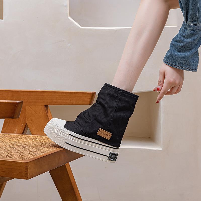 

Женская обувь на платформе с ультравысоким каблуком 12 см, парусиновые короткие ботинки, женские 2025 новые весенне-осенние повседневные брючные ботинки-трубы, высокий верх, тренд 40