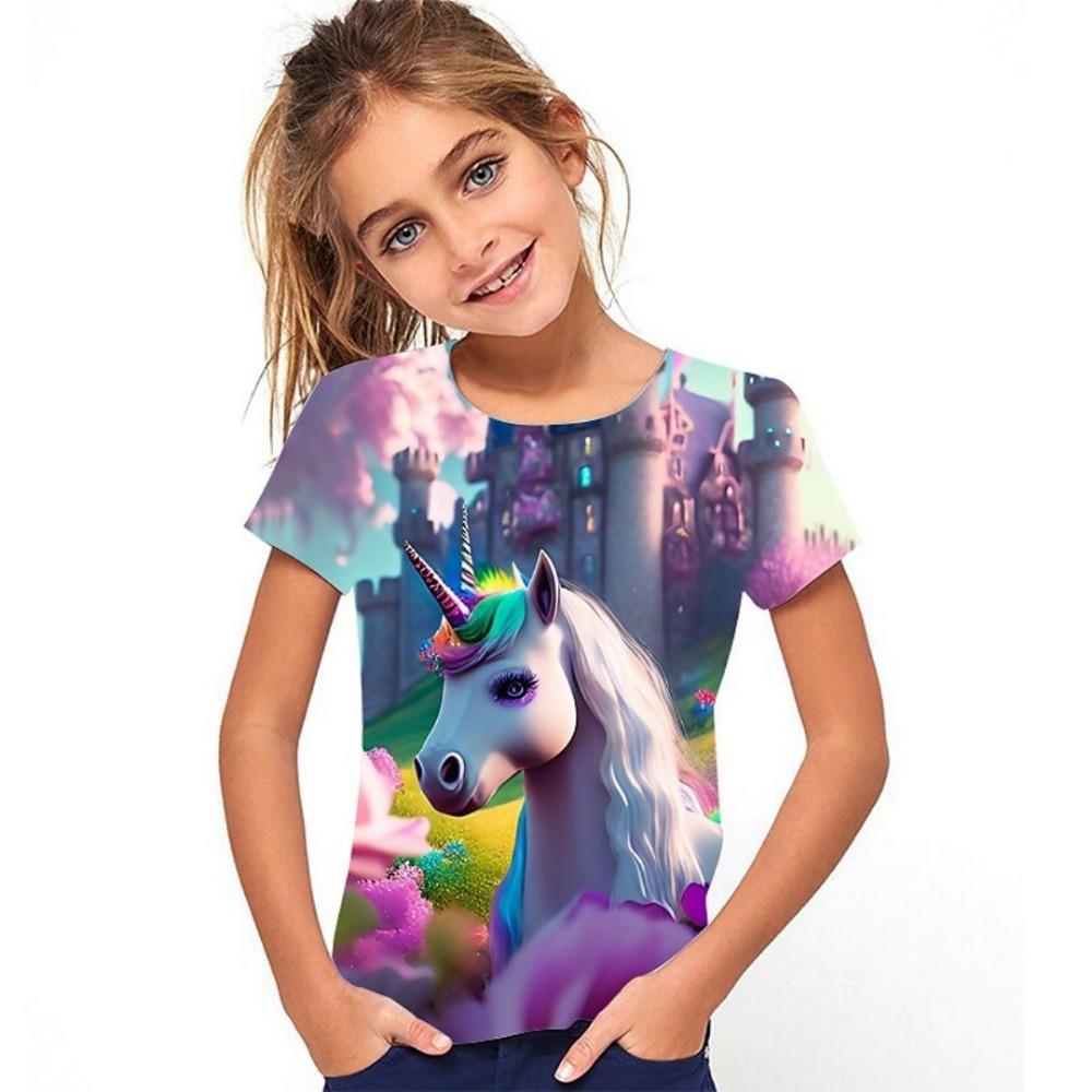 New 3D Horse Pattern Printed T-Shirt Summer Short Sleeve Fashionable Children's Casual Girls' Top