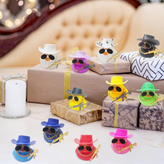 Duck Ornament Squeaky Car Dashboard Decoration Set Funny Yellow Duck Figure with Cowboy Hat Sunglasses Golden Chain Decor