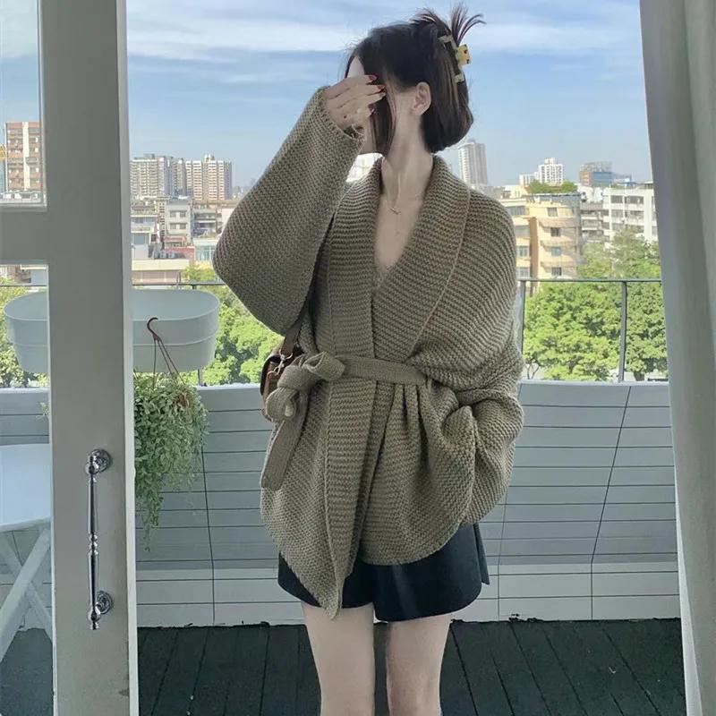 Knitted Female Cardigan Bathrobe Wind Aura Type Lace Up Autumn Winter Lazy Loose Sweater
