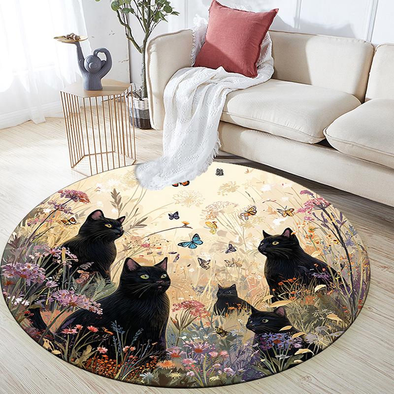 Black Cat Round Area Rug,Carpet Rug for Living Room Bedroom Sofa Playroom Decor,Non-slip Floor Mat