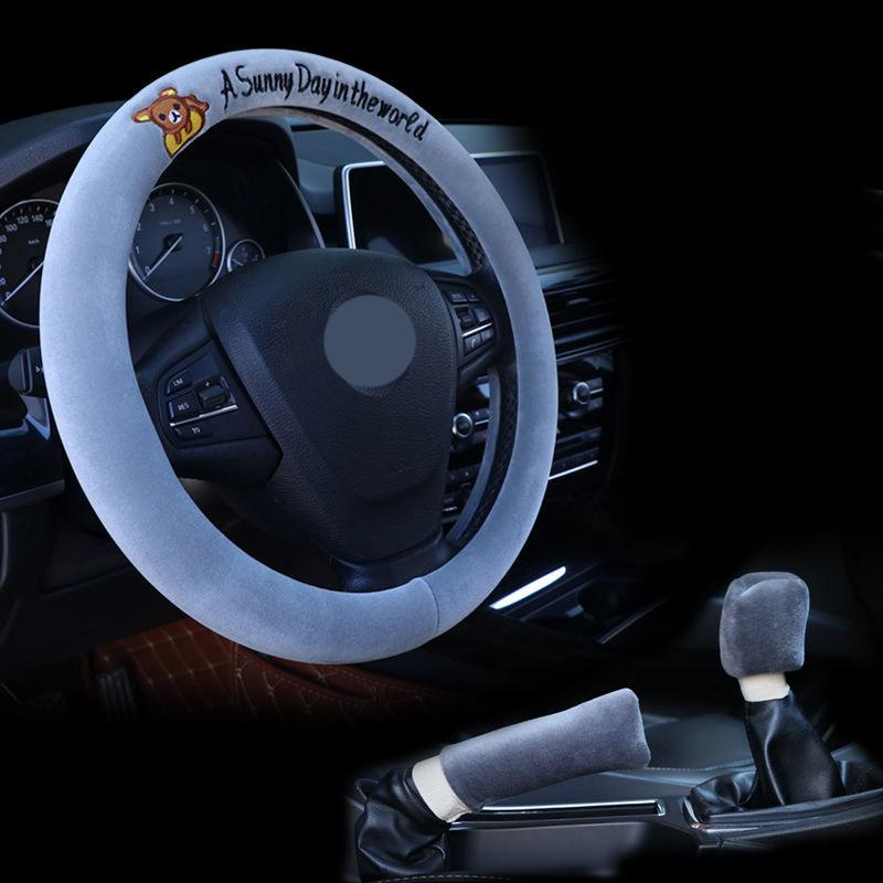 

Набір вовняних чохлів для рульового колеса з вишивкою палевого кольору Кришка ручного гальма Кришка ручки коробки передач Зимовий теплий салон автомобіля сірий