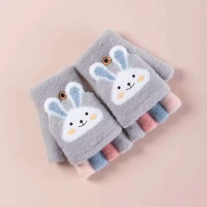Kid's Warm Thick Flip Half Finger Gloves Boys Girls Winter Warm Gloves Cartoon Cute Rabbit Gloves Daily Crawling Outing Gloves
