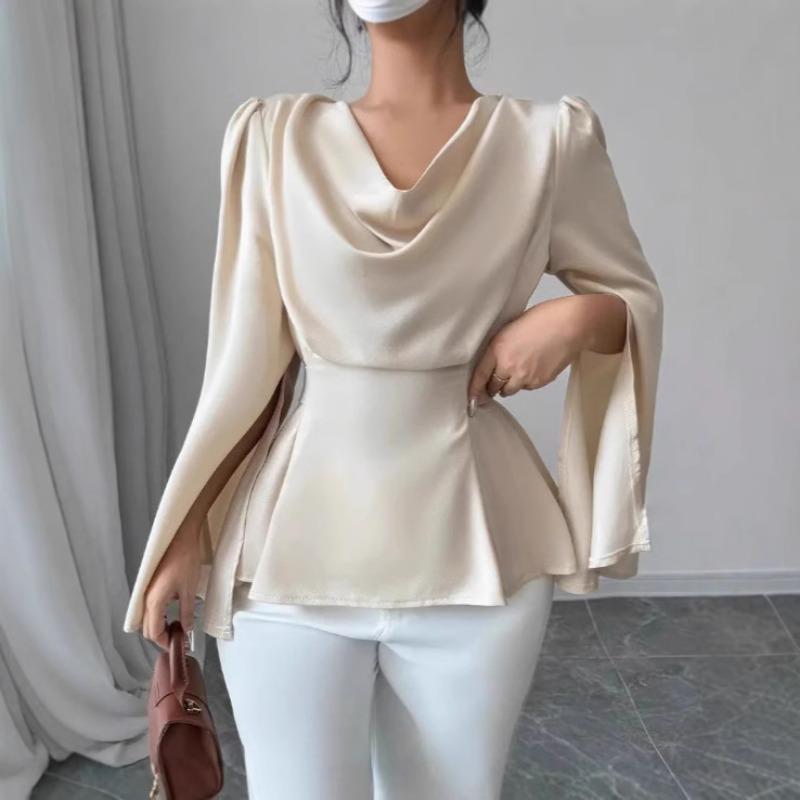 Women Elegant Satin Halter Neck Long Sleeve Waist Slimming Blouse Top