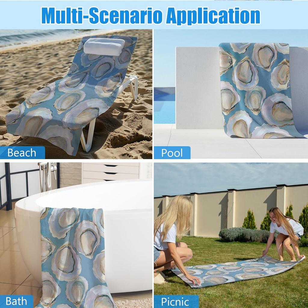 Blue Coastal Oysters Beach Towel, East Coastal Bathroom Decor, Trendy Beachy Sand Beach Towels Gifts for Women, Nautical Oyster Quick Dry Bath Pool