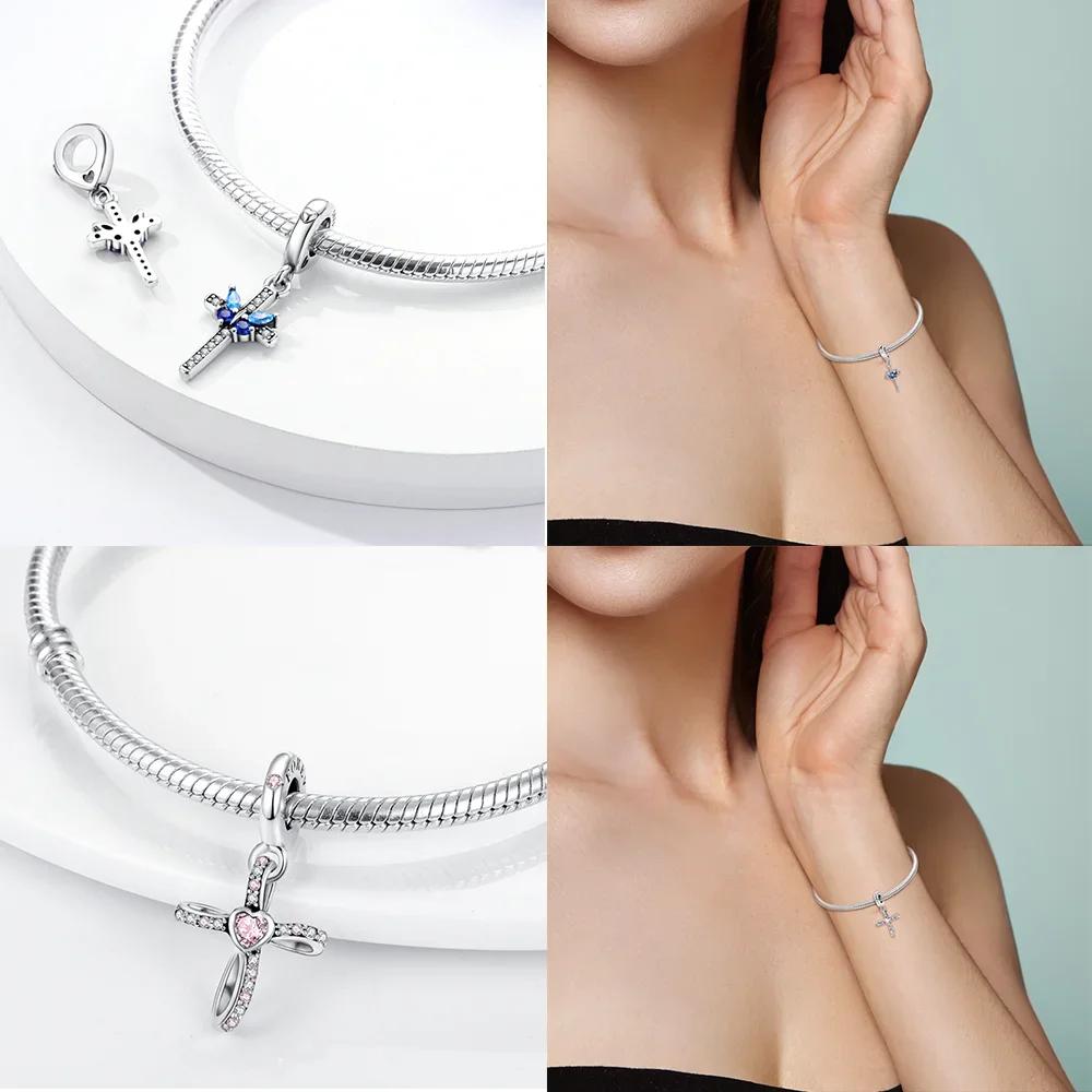 Pendants Woman Blue Copper Sunflower Purple Blue Cross Beads Charms Fit Original Pendant Bracelet Women Jewelry