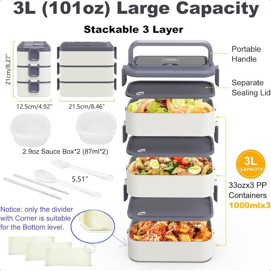 

Stackable Bento Box Adult Lunch Box 3000ML Large Capacity OntheGo 3 Layers Leakproof Microwave Safe Lunch Containers with Utens United States