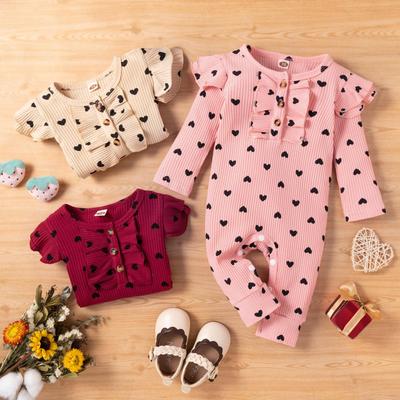 Girls' Cotton Ribbed Heart Print Bodysuit - Spring/Autumn Style