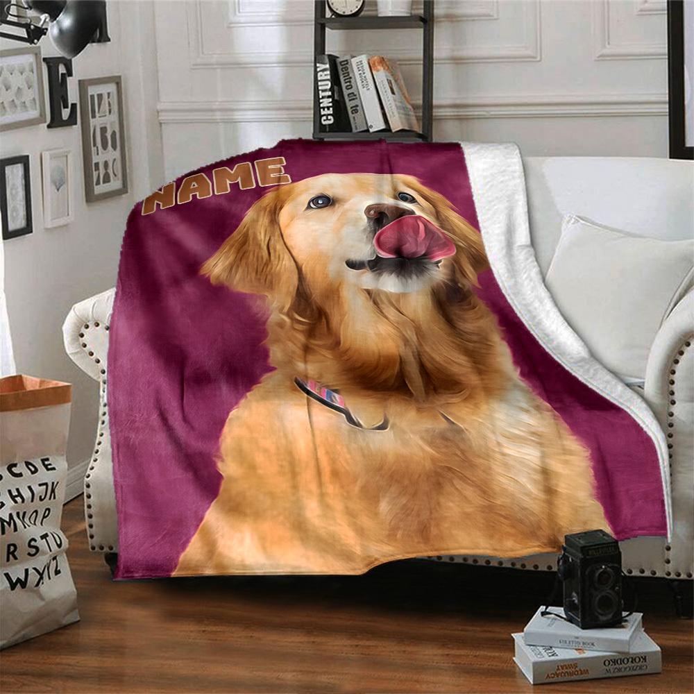 Golden Retriever Licking Nose Gift Personalized Blanket Personalized Text Soft Cozy Versatile For Sofa Couch Office Bed Picnics Four Seasons