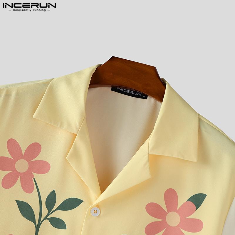 INCERUN Men Lapel Neck Short Sleeve Button Down Floral Print Stitching Casual Shirts Tops
